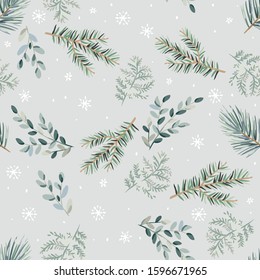 Christmas seamless pattern, green pine, fir twigs, fern, snowflakes, gray background. Vector illustration. Nature design. Season greeting. Winter forest. Xmas holidays