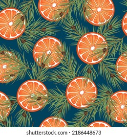 Christmas seamless pattern with green pine branches and bright orange slices on blue.Natural background and texture for printing on fabric and paper.Vector cartoon illustration for design card,poster.