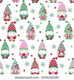 Navidades sin patrón con gnomos verdes y rosas y copos de nieve. Patrón de año Nuevo para tela, papel de embalaje, textil, Anuncios, diseños de Navidades sobre fondo blanco.