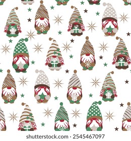 Christmas seamless pattern with green and red gnomes and snowflakes. New Year pattern for fabric, wrapping paper, textile, banners, Christmas designs on white background.