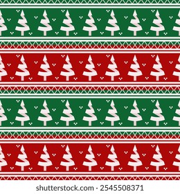 Christmas seamless pattern with green and red colors and pine tree shapes	