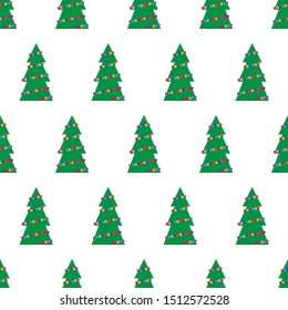 Christmas seamless pattern with green Christmas trees with colorful toys, balls and garlands. Vector illustration