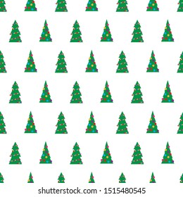 Christmas seamless pattern with green Christmas trees with colorful toys, balls and garlands. Vector illustration
