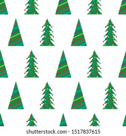 Christmas seamless pattern with green Christmas trees with colorful toys, balls and garlands. Vector illustration