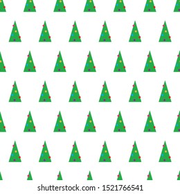 Christmas seamless pattern with green Christmas trees with colorful toys, balls and garlands. Vector illustration