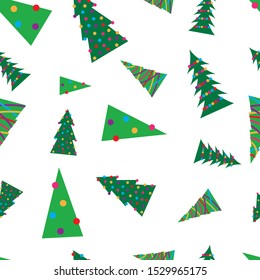 Christmas seamless pattern with green Christmas trees with colorful toys, balls and garlands. Vector illustration
