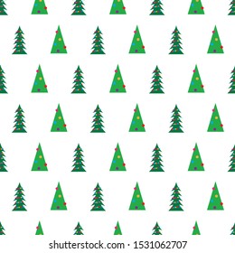 Christmas seamless pattern with green Christmas trees with colorful toys, balls and garlands. Vector illustration