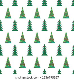 Christmas seamless pattern with green Christmas trees with colorful toys, balls and garlands. Vector illustration