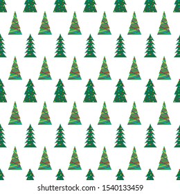 Christmas seamless pattern with green Christmas trees with colorful toys, balls and garlands. Vector illustration