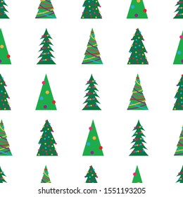Christmas seamless pattern with green Christmas trees with colorful toys, balls and garlands. Vector illustration
