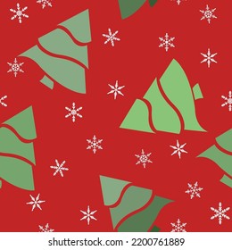 Christmas seamless pattern of green Christmas trees and white snowflakes on a red background