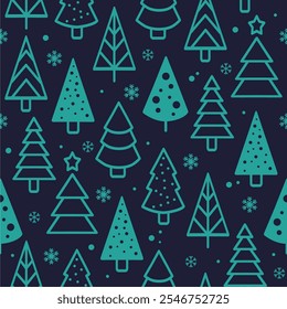 Christmas seamless pattern. Green christmas trees and snowflakes on blue background. Vector illustration. Design for fabric, postcards, gift wrapping