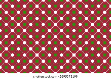 Navidades sin patrón con puntos verdes y blancos y conectados por líneas diagonales sobre fondo rojo. Ilustración vectorial.