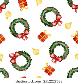 Christmas seamless pattern green wreaths and ornaments ball, gift box watercolor vector print