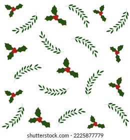 Christmas seamless pattern for greeting card, wrapping paper and textile with mistletoe branch, green leaves and red holly berries