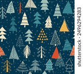 Christmas seamless pattern for greeting cards, wrapping papers. Doodle Christmas trees. Hand drawn winter background. Vector illustration.