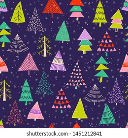 Christmas seamless pattern for greeting cards, wrapping papers. Doodle Christmas trees. Hand drawn Vector illustration.