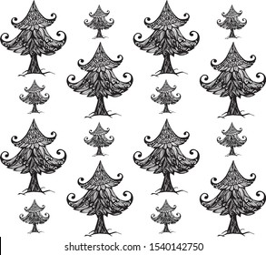 Christmas seamless pattern for greeting cards, wrapping papers. Hand drawn Vector illustration.  Christmas trees. background with decorative Set 