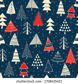 Christmas Seamless Pattern For Greeting Cards, Wrapping Papers. Doodle Christmas Trees. Hand Drawn Winter Background. Vector Illustration.