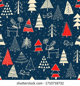 Christmas seamless pattern for greeting cards, wrapping papers. Hand drawn winter background from doodle Christmas trees, snowflakes, deers and dogs. Vector illustration.