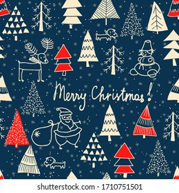 Christmas seamless pattern for greeting cards, wrapping papers with text. Hand drawn winter background from doodle Christmas trees, Santa, snowflakes, deer and dogs. Vector illustration.