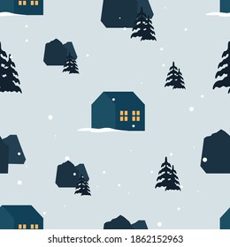 Christmas seamless pattern for greeting cards, wrapping papers. Hand drawn winter background from doodle Christmas trees, snow, cottage and hills.