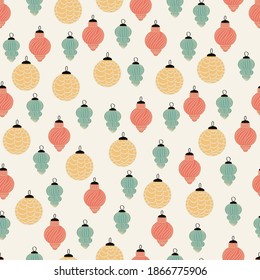 Christmas seamless pattern for greeting cards, wrapping papers. Christmas tree toys. Hand drawn winter background.