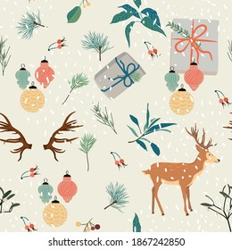 Christmas seamless pattern for greeting cards, wrapping papers. Doodle Christmas trees. Hand drawn winter background with many elements in cartoon style.  Beige background.
