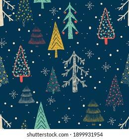Christmas seamless pattern for greeting cards, wrapping paper. A hand-drawn winter background of doodle Christmas trees. Vector illustration.