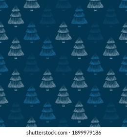 Christmas seamless pattern for greeting cards, wrapping papers. Hand drawn winter background from doodle Christmas trees, snowflakes. Vector illustration.