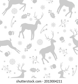 Weihnachtsnahtloses Muster für Grußkarten, Wickelpapier, Textilien, Tapete, Wrapper.Winterhintergrund von Hirsch, Schneeflocken, Beeren.Vektorgrafik.