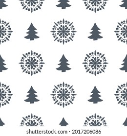 Christmas seamless pattern for greeting cards, wrapping papers. Hand drawn winter background from doodle Christmas trees, snowflakes and toys. Abstract Christmas Tree Seamless Vector Patterns. 