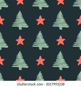 Christmas seamless pattern for greeting cards, wrapping papers. Hand drawn winter background from doodle Christmas trees, snowflakes and toys. Abstract Christmas Tree Seamless Vector Patterns. 