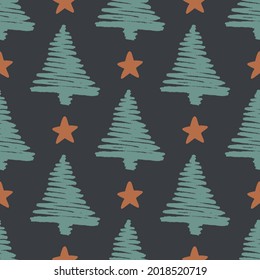 Christmas seamless pattern for greeting cards, wrapping papers. Hand drawn winter background from doodle Christmas trees, snowflakes. Abstract Christmas Tree Seamless Vector Patterns. 