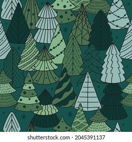 Christmas seamless pattern for greeting cards, wrapping papers. Doodle Christmas trees.