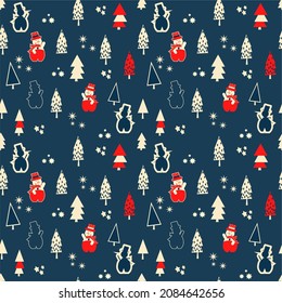 Patrón de Navidad sin fisuras para tarjetas de felicitación, papel de envoltura.  Fondo invernal de árboles de Navidad, muñecos de nieve, copos de nieve. Ilustración vectorial.