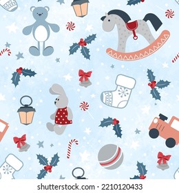 Patrón de Navidad sin fisuras para tarjetas de felicitación y papel de envoltura. Juguetes y dulces sobre un fondo claro.