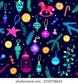 Christmas seamless pattern for greeting cards, wrapping paper. Christmas pattern with tree's toys. Vector illustration. 