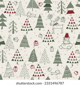 Christmas seamless pattern for greeting cards, wrapping paper. Hand drawn winter background from doodle Christmas trees, snowflakes, deer and dogs. Vector illustration.