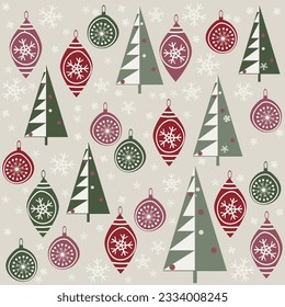 Christmas seamless pattern for greeting cards, wrapping paper. Hand drawn winter background from doodle Christmas trees, snowflakes, toys, balls. Vector illustration.