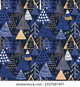 Christmas seamless pattern for greeting cards, wrapping paper. Hand drawn winter background from doodle Christmas trees, snowflakes. Vector illustration.