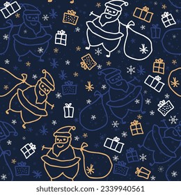 Christmas seamless pattern for greeting cards, wrapping paper. Hand drawn winter background from doodle  Santa, snowflakes. Vector illustration.