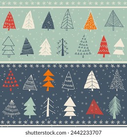 Christmas seamless pattern for greeting cards, wrapping paper. Hand drawn winter background from doodle Christmas trees, snowflakes. Vector illustration.