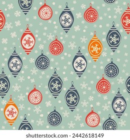 Christmas seamless pattern for greeting cards, wrapping paper. Hand drawn winter background from doodle Christmas decorations and snowflakes. Vector illustration.