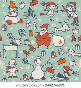 Christmas seamless pattern for greeting cards, wrapping paper. Hand drawn winter background with Christmas presents, Santa, children, snowflakes, snowman, deer and dogs. Doodles. Vector illustration.