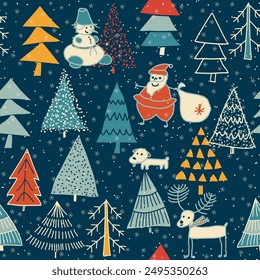 Christmas seamless pattern for greeting cards, wrapping paper. Hand drawn winter background from doodle Christmas trees, Santa, snowflakes, deer and dogs. Vector illustration.