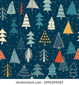 Christmas seamless pattern for greeting cards, wrapping papers. Doodle Christmas trees. Hand drawn winter background. Vector illustration.