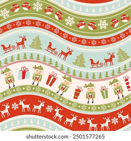 Christmas seamless pattern for greeting cards, wrapping paper. Hand drawn winter background from Santa, doodle Christmas trees, snowflakes, present boxes. Vector illustration.