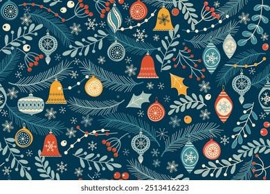 Navidades sin patrón para tarjetas de felicitación, papel de regalo. Fondo de invierno dibujado a mano. Ilustración vectorial.