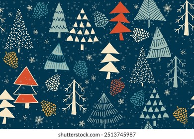 Natal padrão sem emenda para cartões de saudação, papel de embrulho. Rabiscar árvores de Natal. Fundo de inverno desenhado à mão. Ilustração vetorial.